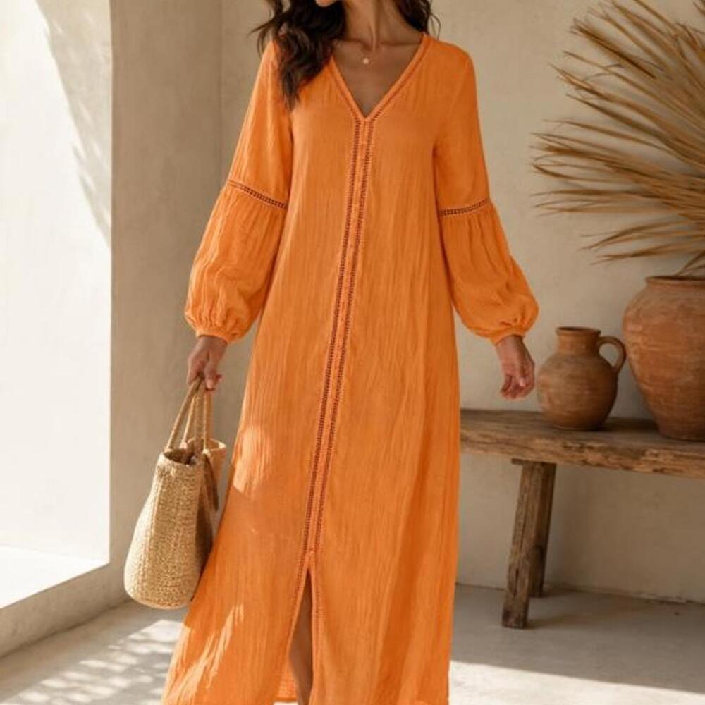 Irupé Orange 100% Cotton Button-Down Boho Balloon Sleeve made in India